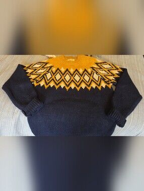 Fat Face Navy and Mustard Geometric Yoke Crewneck Sweater